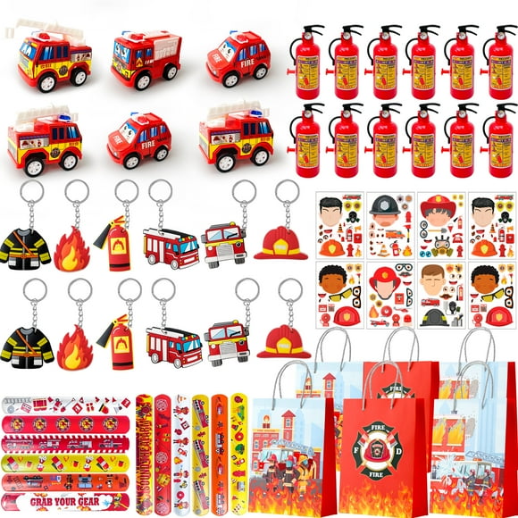 Firefighting Party Favors, 72pcs Firefighter Theme Birthday Favors Set - Red Paper Bags Stickers Slap Bracelet Etc for Firefighting Party Supplies