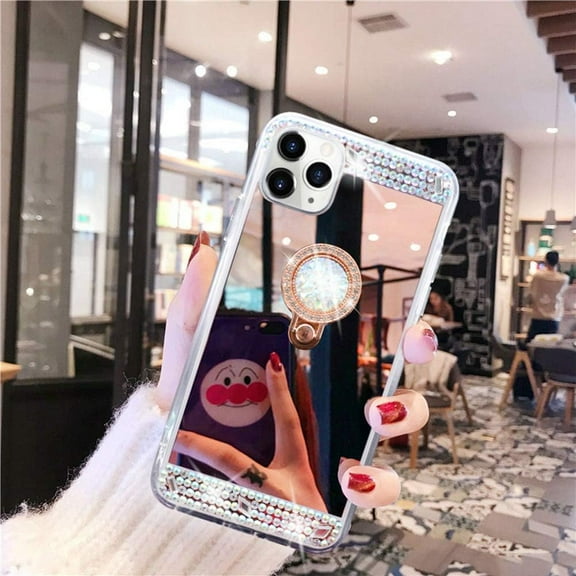 for iPhone 11 Pro Diamond Glitter Case Mirror Makeup Cute for Girls Women Protective Cover with Bling Crystal Rhinestone Ring Holder Finger Grip Stand Kickstand Case for iPhone 11 Pro Rose Gold