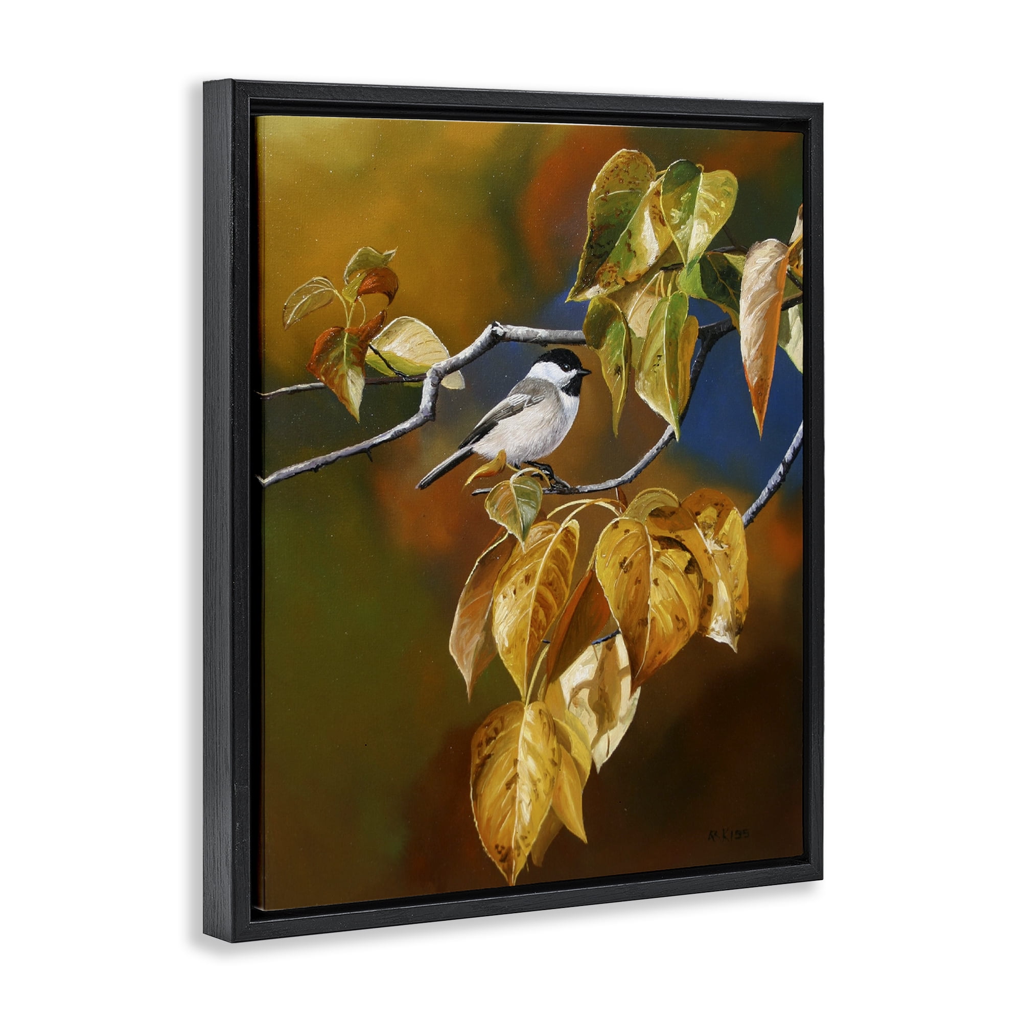 Stupell Industries Chickadee on Branch Animals Painting Black Floater Framed Canvas Art Print Wall Art, 17 x 21