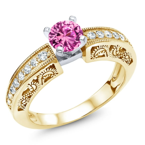 Gem Stone King 1.59 Ct Round Pink Created Sapphire 18K Two-Tone Plated Sterling Silver Ring (Size 8)