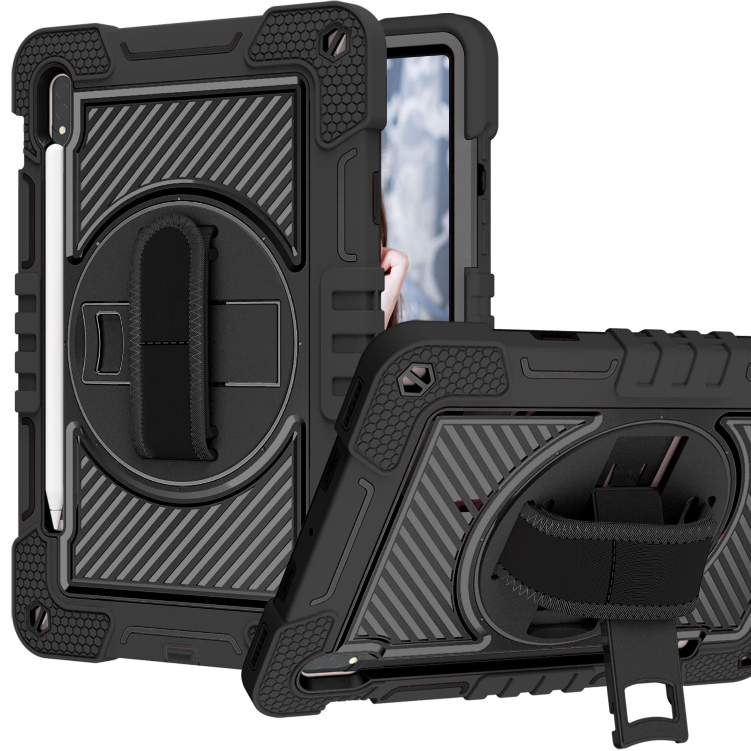 For Apple iPad (A16) 2025 /iPad 10th Gen 10.9 Hybrid 3in1 Multi-Functional Shockproof Tablet Case with Hand, Shoulder Strap, Pencil & Stand Holder Case Cover [Black]