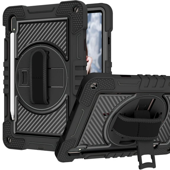 Case For Samsung Galaxy Tab S8 / Tab S7 Hybrid 3in1 Multi-Functional Tablet Case with Hand, Shoulder Strap, Pencil & Stand Holder Tablet Cover [ Black ]