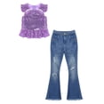 thumbnail image 4 of inlzdz Girls Flare Outfits Sparkle Ruffle Sleeve Dance Crop Top with Flared Jeans Denim Pants Set Lavender 16, 4 of 6