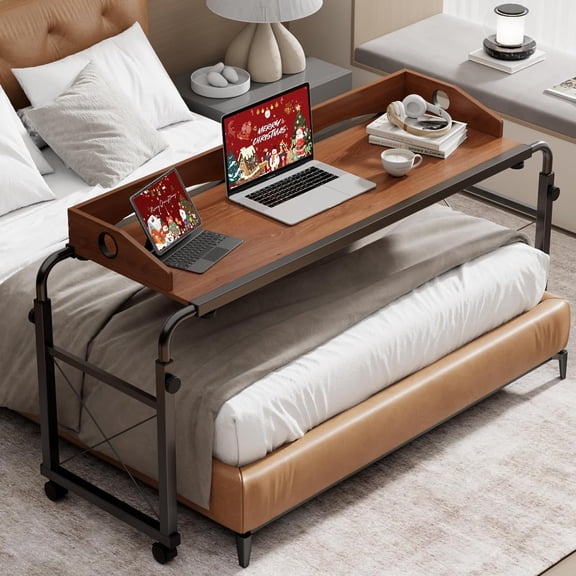 Laptop Desk for Bed, Adjustable Height & Length Laptop Bed Table,Overbed Table with Wheels for King & Queen Size Beds,Rolling Standing Desk,Over Bed Table for Working Reading Eating