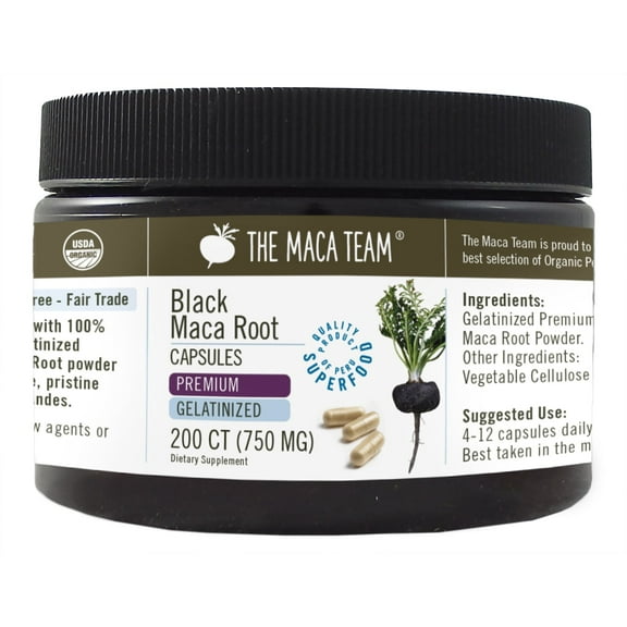 Organic Premium Raw Black Maca Capsules - Vegan - 750 mg - 200 ct