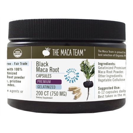 Organic Premium Raw Black Maca Capsules - Vegan - 750 mg - 200 ct