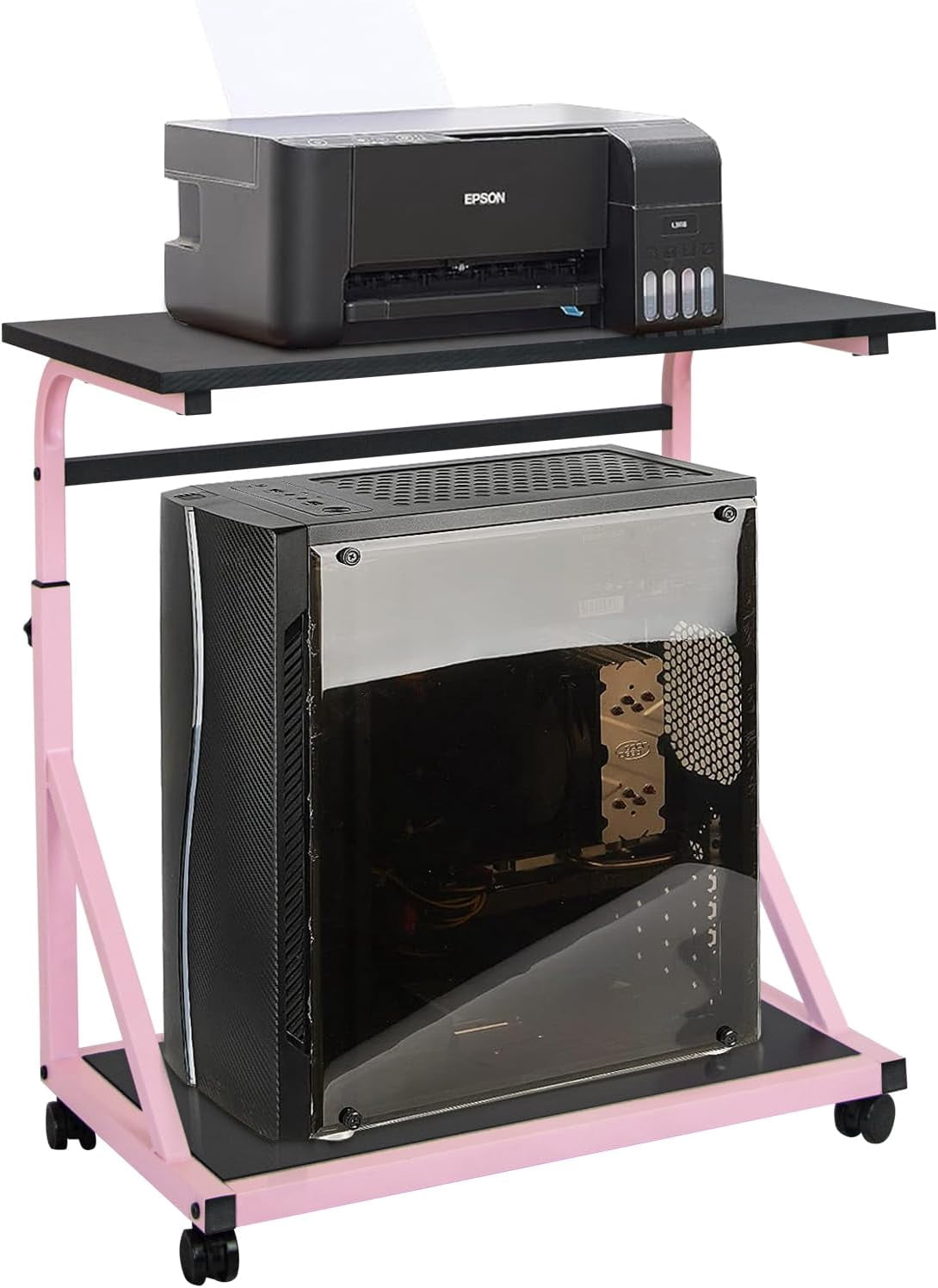 Computer Tower Stand, 2-Tier CPU Stand with Lockable Wheels, Adjustable Height PC Stand for Floor, Mobile PC Laptop Standing Table for Home Office (Black)