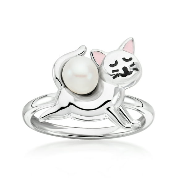 Ross-Simons 5.5-6mm Cultured Pearl Cat Ring With Enamel in Sterling Silver, Women's, Adult