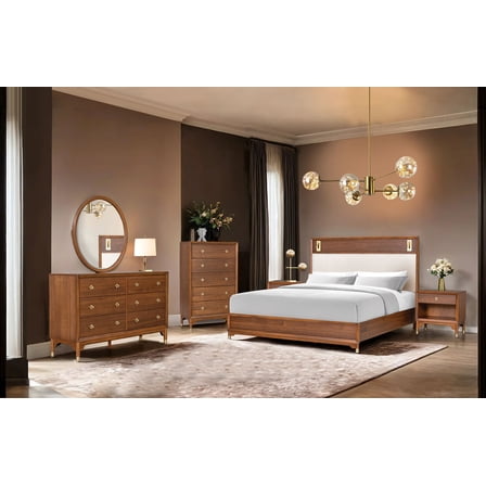 Walnut Color Mid-century Modern King Size Bed Dresser Mirror Nightstands And Chest 6pc Bedroom Set Wooden Furniture