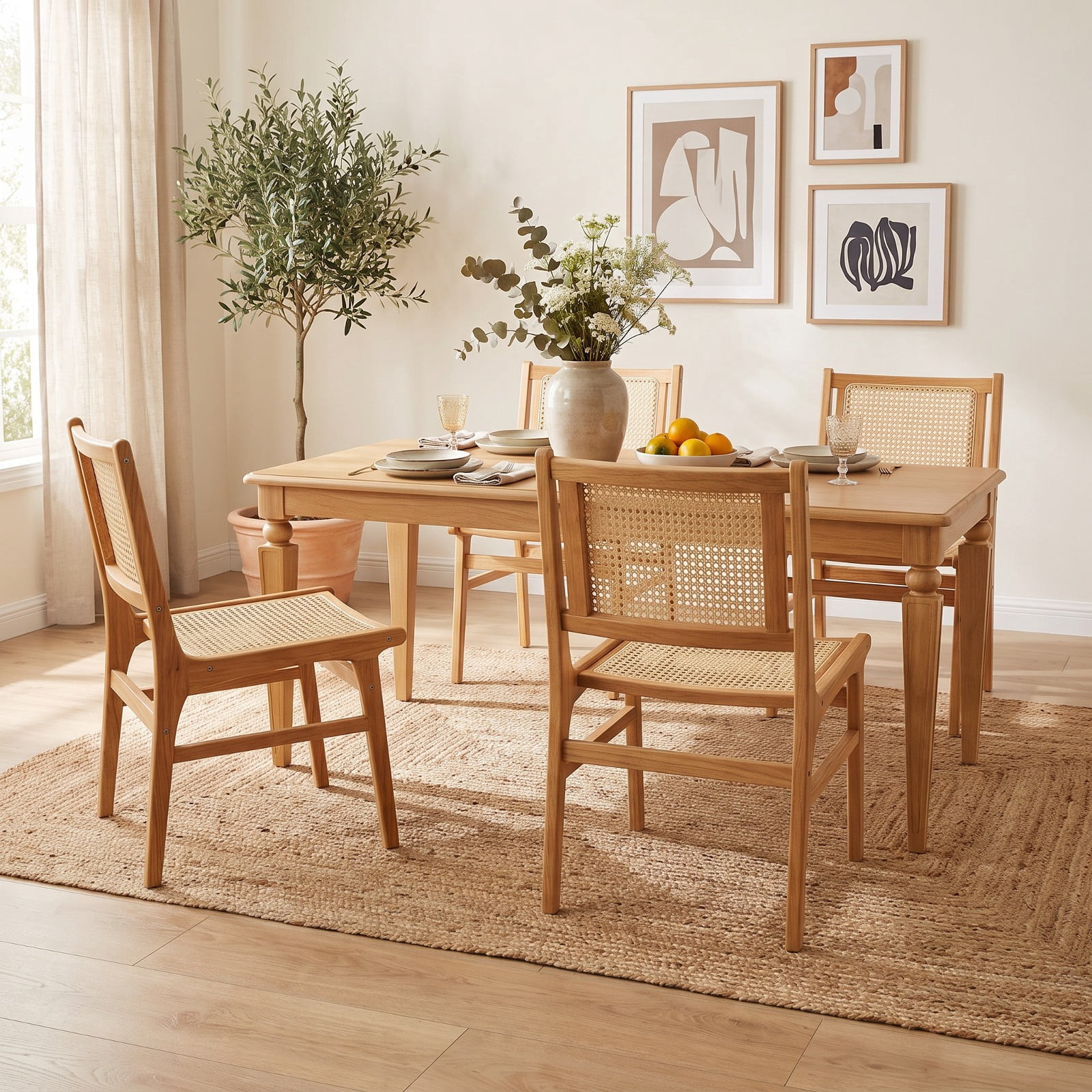 Furnibear Rattan Dining Chair with Natural Cane Woven Backrest and Teak Wood Frame