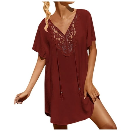 Bmisegm Womens Swimsuit Coverup Lace Crochet V Neck Bathing Suit Cover up Dress Beach Cover Ups for Swimwear Summer Sexy Womens Bikini Red XXXXL