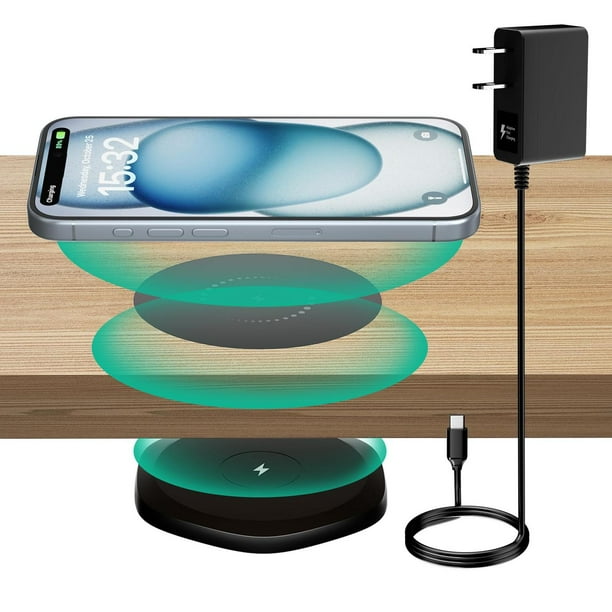 Cargador Inalámbrico KPON Invisible Bajo Mesa 30mm Escritorio Mesilla de Noche para iPhone (con Adap