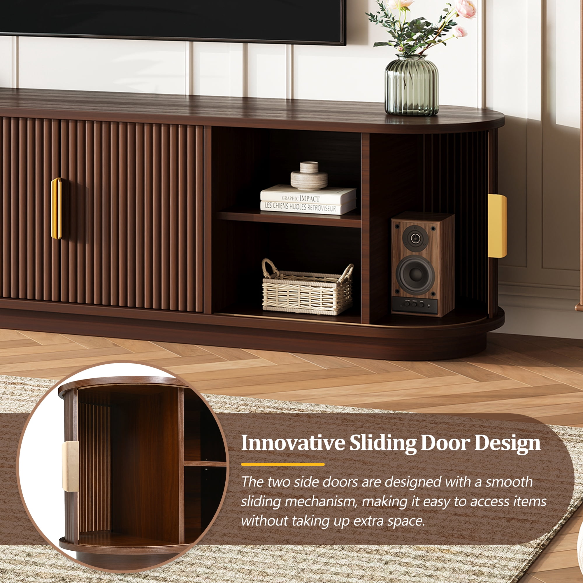 Euroco Farmhouse Wooden TV Stand with Sliding Tambour Door for TVs up to 75", Fluted Media Console with Adjustable Storage, Golden Handle TV Cabinet with Cable holes for Living Room