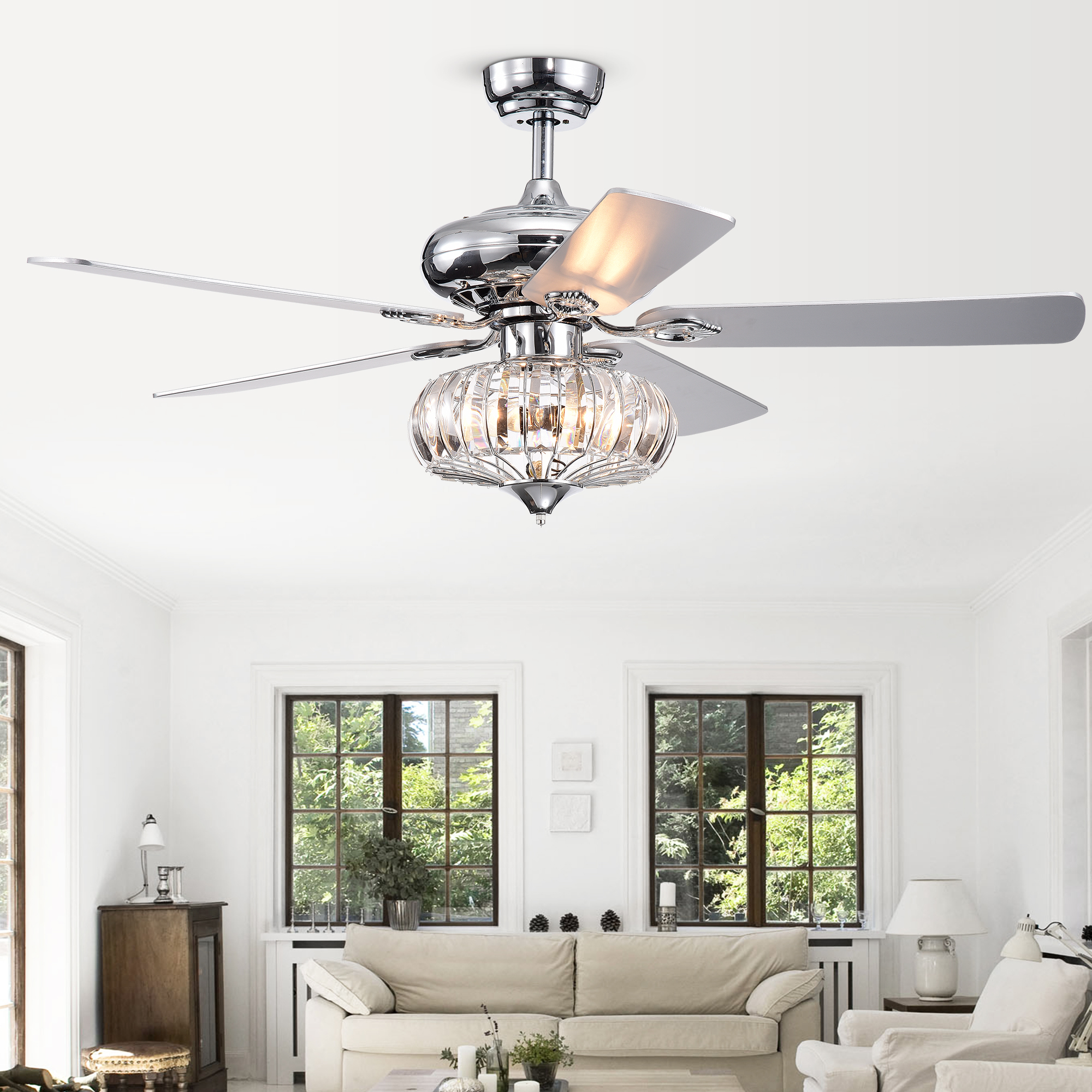 Kyana Debase 52 Inch 5 Blade Chrome Lighted Ceiling Fans With Crystal Bowl Shade Remote Controlled Walmart Com Walmart Com
