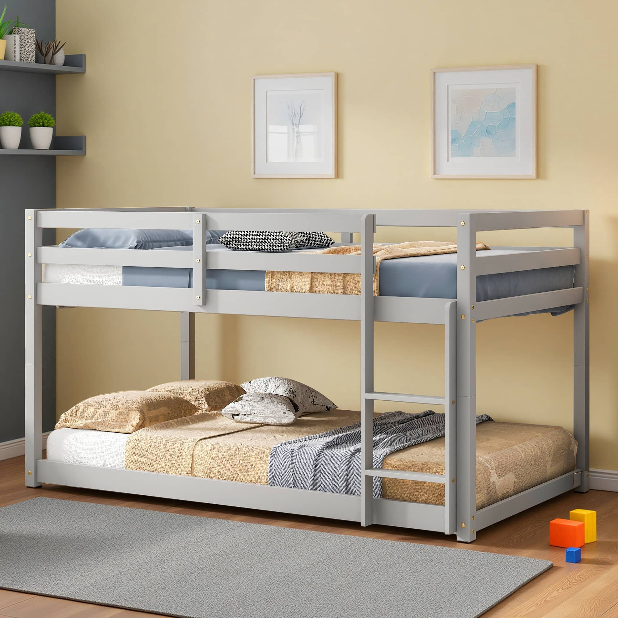 MAYEERTY Twin over Twin Floor Bunk Bed, Wood Bed Frame, Grey