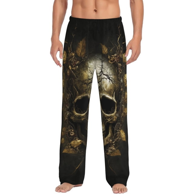 Fotbe Vintage Gold Leaf Skull Pantalones de Pijama para Hombre, Pantalones de Dormir, Pantalones de Casa con Cintura Ajustable y Bolsillos-XX-Large
