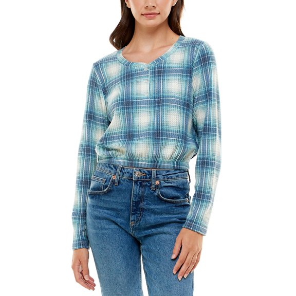 Almost Famous Juniors Plaid Cropped Henley Top