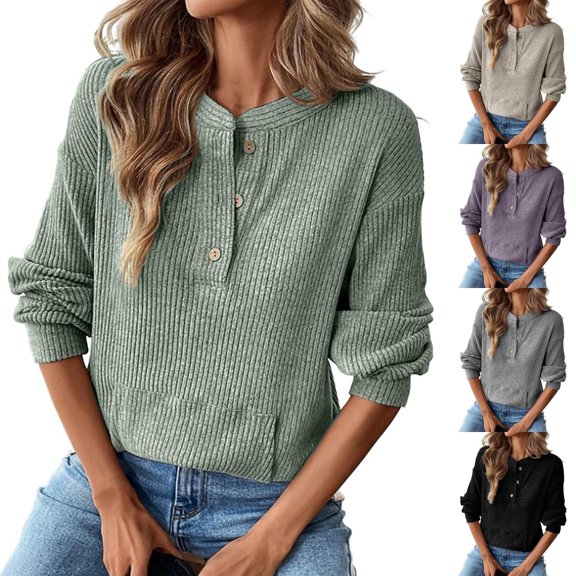 CAIXIA Womens Long Sleeve Henley Shirts Dressy Casual Button Up Tops Soft Ribbed Knit Tunic Basic Top, Loose Fit Crew Neck Tee Shirt, Drop Shoulder Blouses Fall Fashion Work Office Outfits