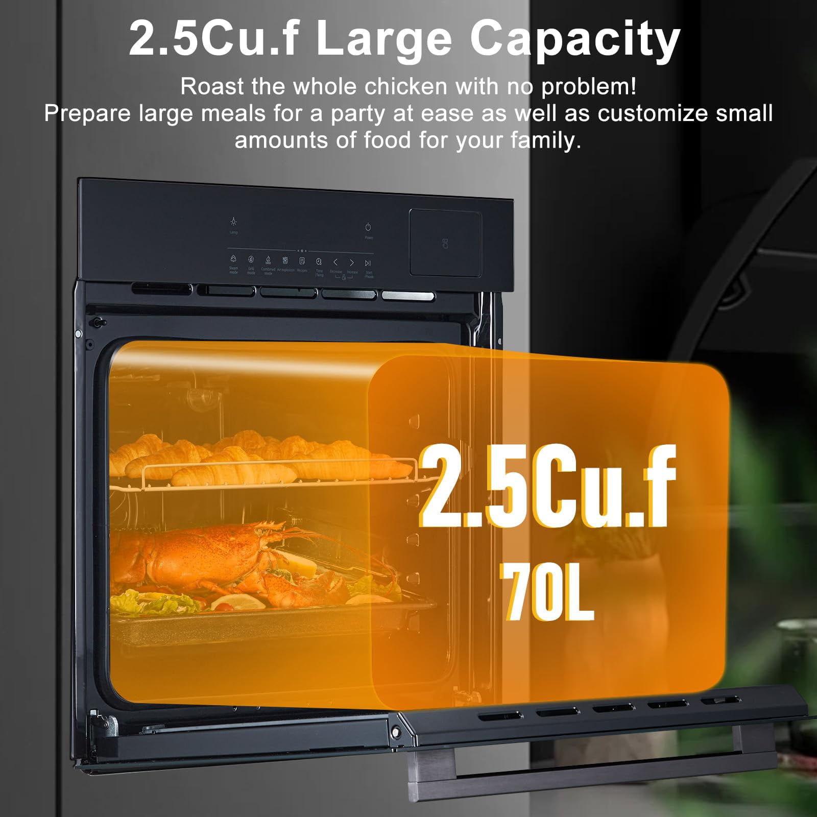 Huisuilinss 24" Single Wall Oven,Built-in Electric Ovens,240V,3000W, 2.5Cu.Ft,70L Capacity,Convection Wall Oven in Stainless Steel, Touch Control, Timer, Safety Lock