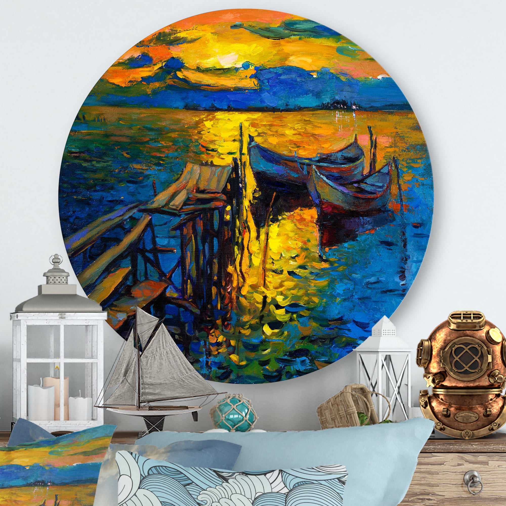 Designart 'Boat At The Lake During Evening Glow II' Nautical & Coastal Circle Metal Wall Art 23x23 - Disc of 23