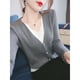 thumbnail image 2 of Suéteres de manga larga con cuello en V para mujer, ropa de primavera y otoño, suéteres de dos piezas con retazos, blusas con botones que combinan con todo, 2 of 5