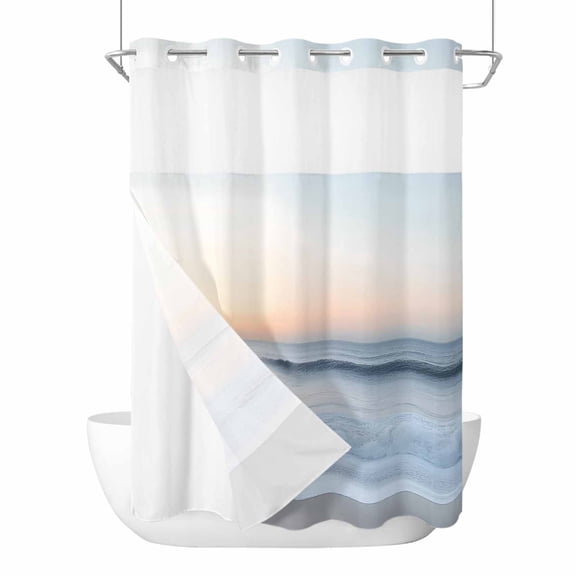 Summer Beach No Hook Shower Curtain Waterproof, Bathroom Curtains with Snap in Liners and See Through Top Window, Coastal Nautical Seaside Ocean Hotel Style Bathtub Curtains Shower 48"Wx72"L