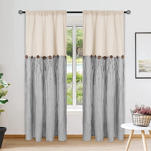 Alishomtll Farmhouse Curtains Natural Grey Stripe Cotton Linen Button Boho Rustic Rod Pocket Back Tab Window Drapes for Living Room ,52 x 84 Inch, 2 Panels