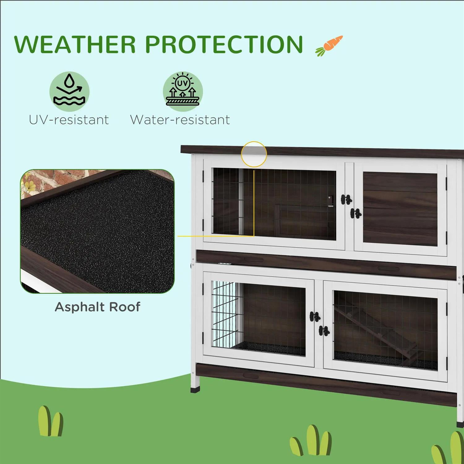 Pefilos 46" Outdoor Wooden Rabbit Hutch with Ramp, Removable Trays, Outdoor Bunny Enclosure Guinea Pig Cage for Small Animals, Brown