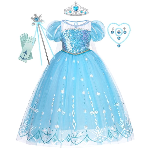 Vestido de Elsa de Frozen para niños, mangas abullonadas, vestido de baile, disfraces de princesa de fiesta, capa de lentejuelas, ropa de malla para niñas Fivean unisex