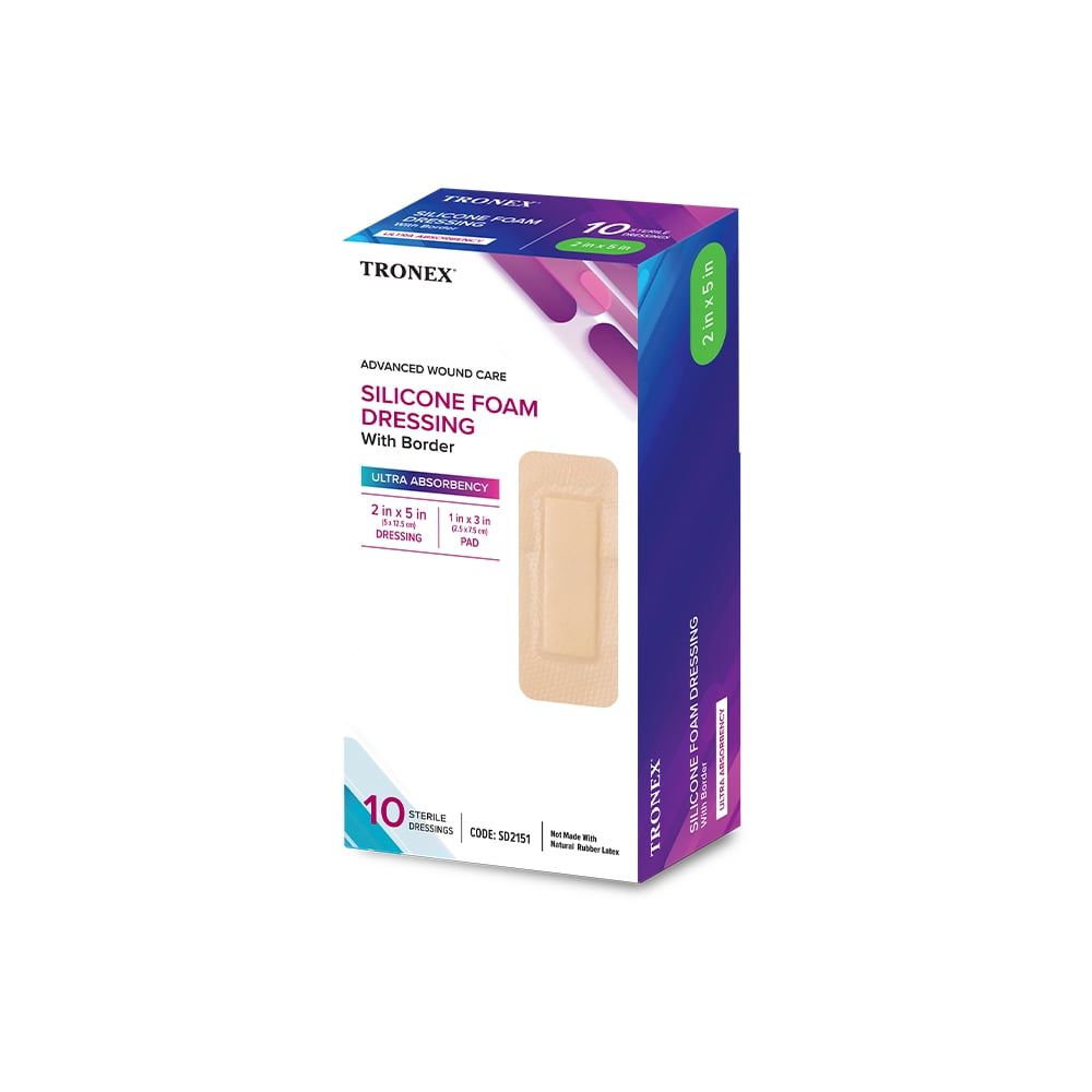 TRONEX SD2151 Silicone Foam Dressing 2”x5”, Adhesive Border, Waterproof, Sterile, Ultra Absorbency, Breathable, Advanced Wound Care, Gentle Removal, Latex Free, Beige, Pack of 100