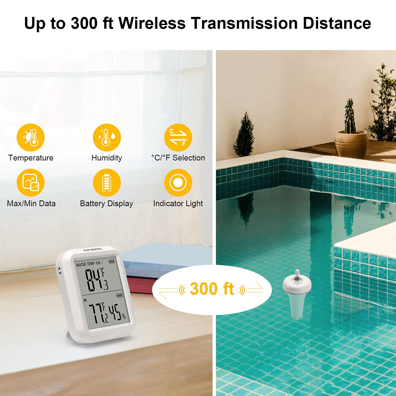 Inkbird Wireless Pool Thermometer and Receiver Set, IBS-P01R Floating  Thermometer with Easy Read Display, Thermometer for Swimming Pool, Hot Tub,  Hot Spring (Battery not Included) 