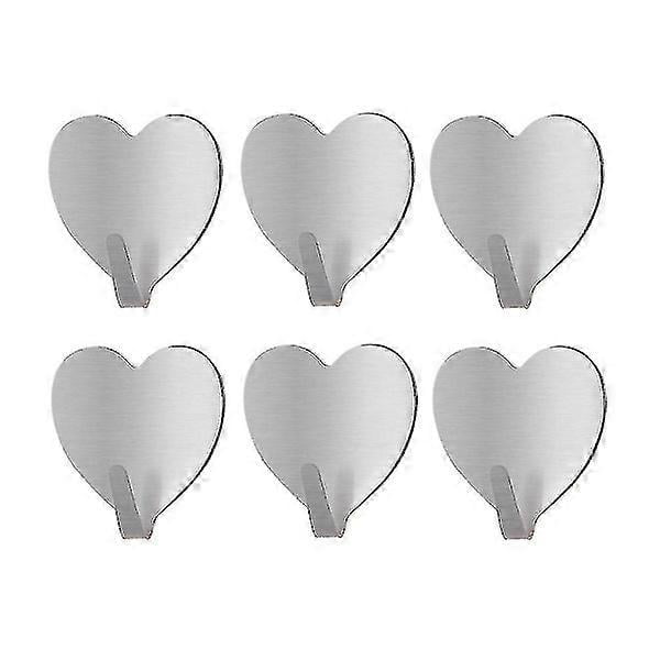 6pcs Stainless Steel Traceless Creative Heart-Shaped Simple Pothook Sticky Hook For Hotel Home Office Keys