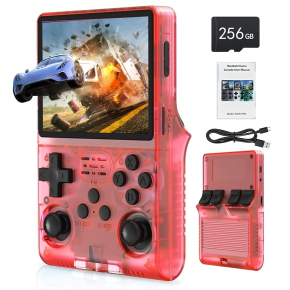 FVBADE[30000 in 1 R40S PRO Handheld Game Console 3.5 inch IPS Screen Mini Retro Console 3800mAh Portable Pocket Arcade 45+ Mainstream Emulator 256G TF Card Transparent.(Red)