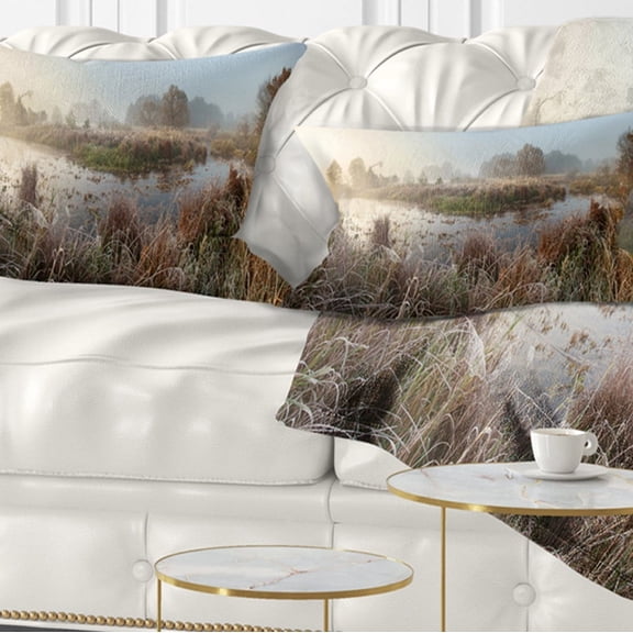 Designart Frosty Grass Aside River Panorama - Landscape Printed Throw Pillow - 12x20