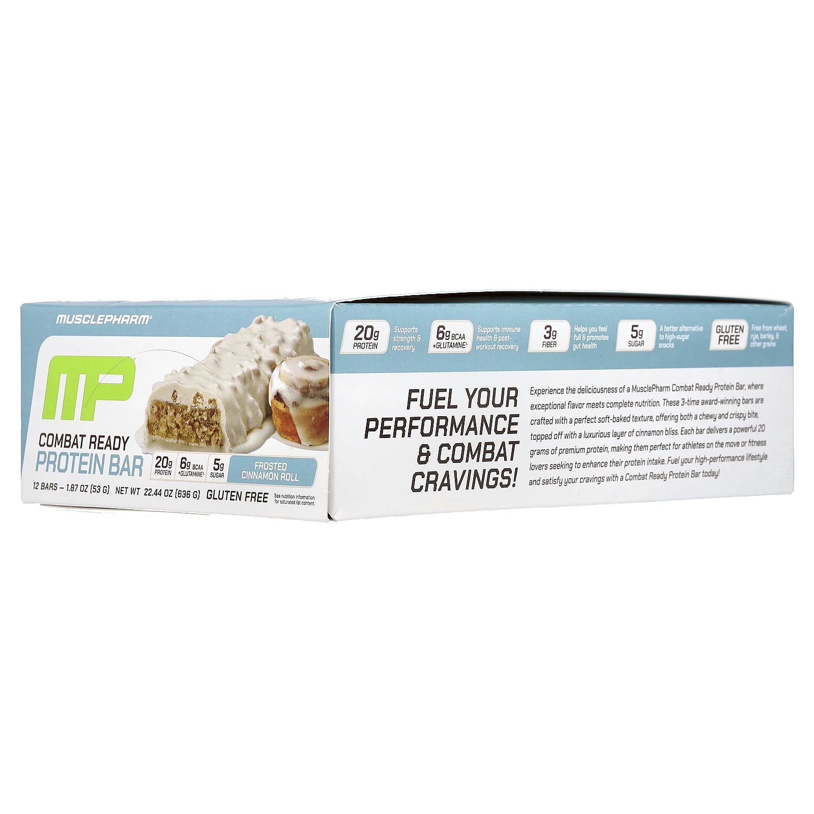 MusclePharm Combat Ready Protein Bars, Cinnamon Roll Flavor High Protein Bars, Combat Cravings, Fuel Performance & Meet Energy Demands, 20g Protein from Whey Protein, 3g Fiber, Gluten Free, 12 Bars