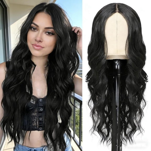 JOFMWIX Black Wig for Women 26 Inch Pre Cut Hand-Tied Lace Long Wavy Natural Hairline Middle Part Hair Replacement Wigs for Women Beginners Natural Synthetic Wig for Daily Party 3 Seconds to Wear