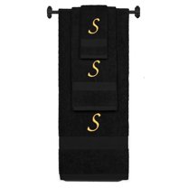 Custom Embroidered Terry Cotton Ring Spun Bath Towel, Hand Towel And Washcloth Set - Black Towel Set, Gold Chancery Initial S