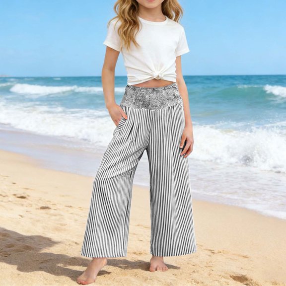 Nestiefly Girls' Gingham striped Pants Wide Leg High Waist Elastic Waist Casual Loose Trendy Beach Vacation Plaid Trousers with Pockets 2026 Black 110