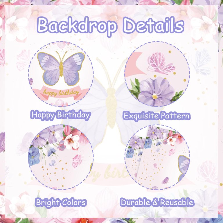 Avezano Purple Butterfly Birthday Backdrop - 7x5ft Peach Floral Pastel Photo Background For Girl's Party