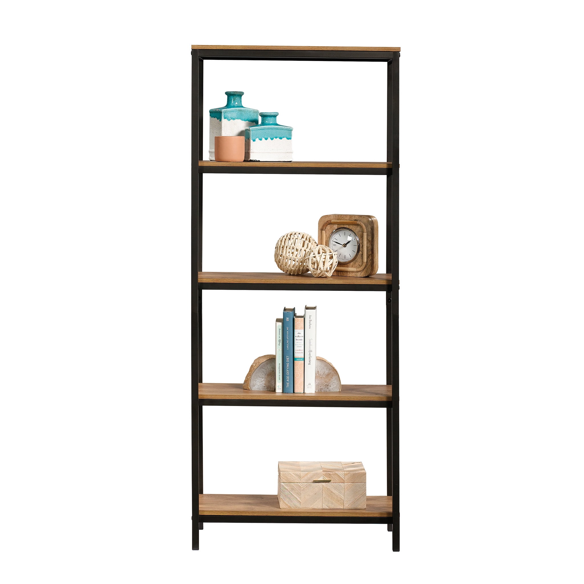 Sauder Curiod Tall Metal Frame Bookcase, Charter Oak Finish