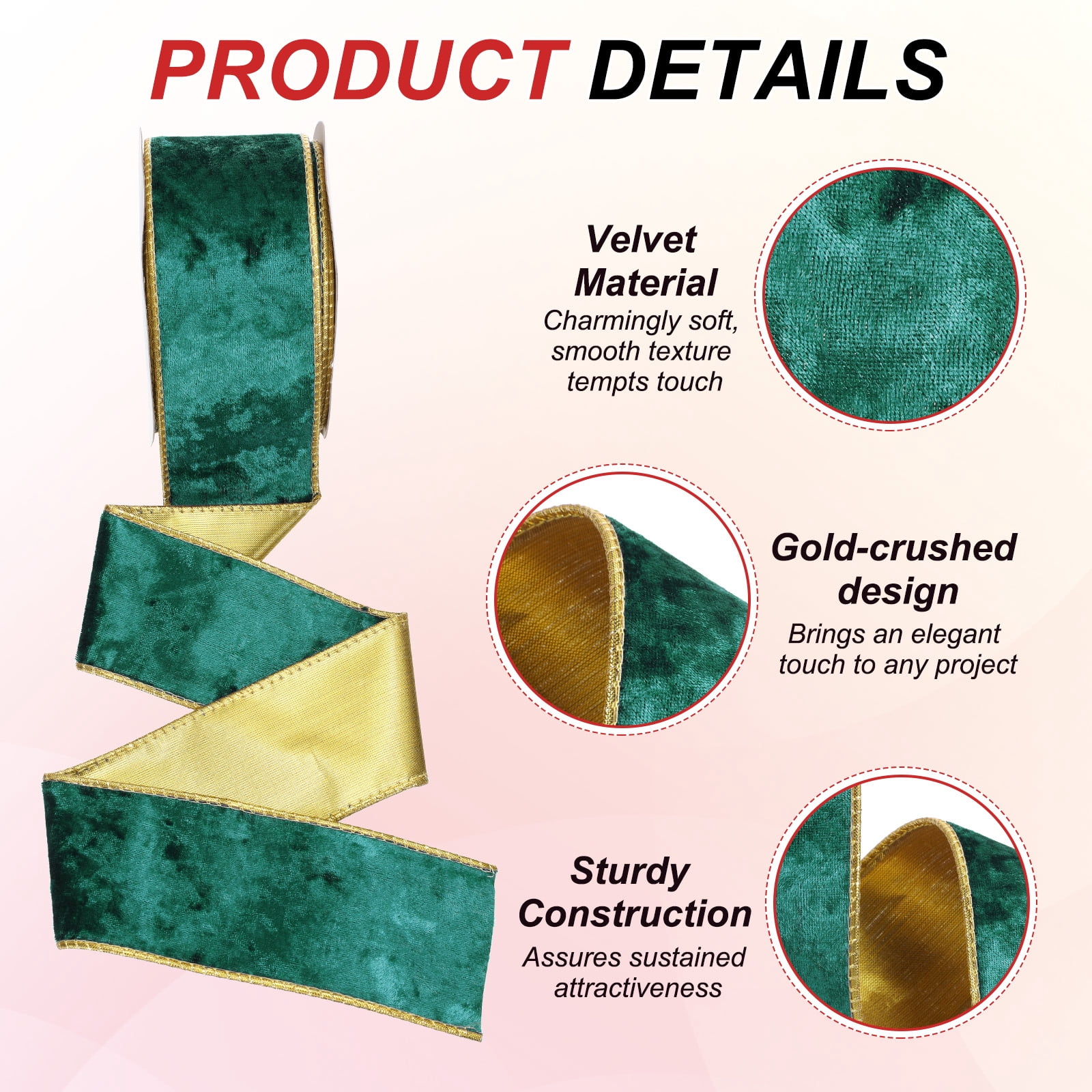Uxcell 2.5" x 10 Yards Velvet Wired Gold Crushed Ribbon for Bow Decor Dark Green