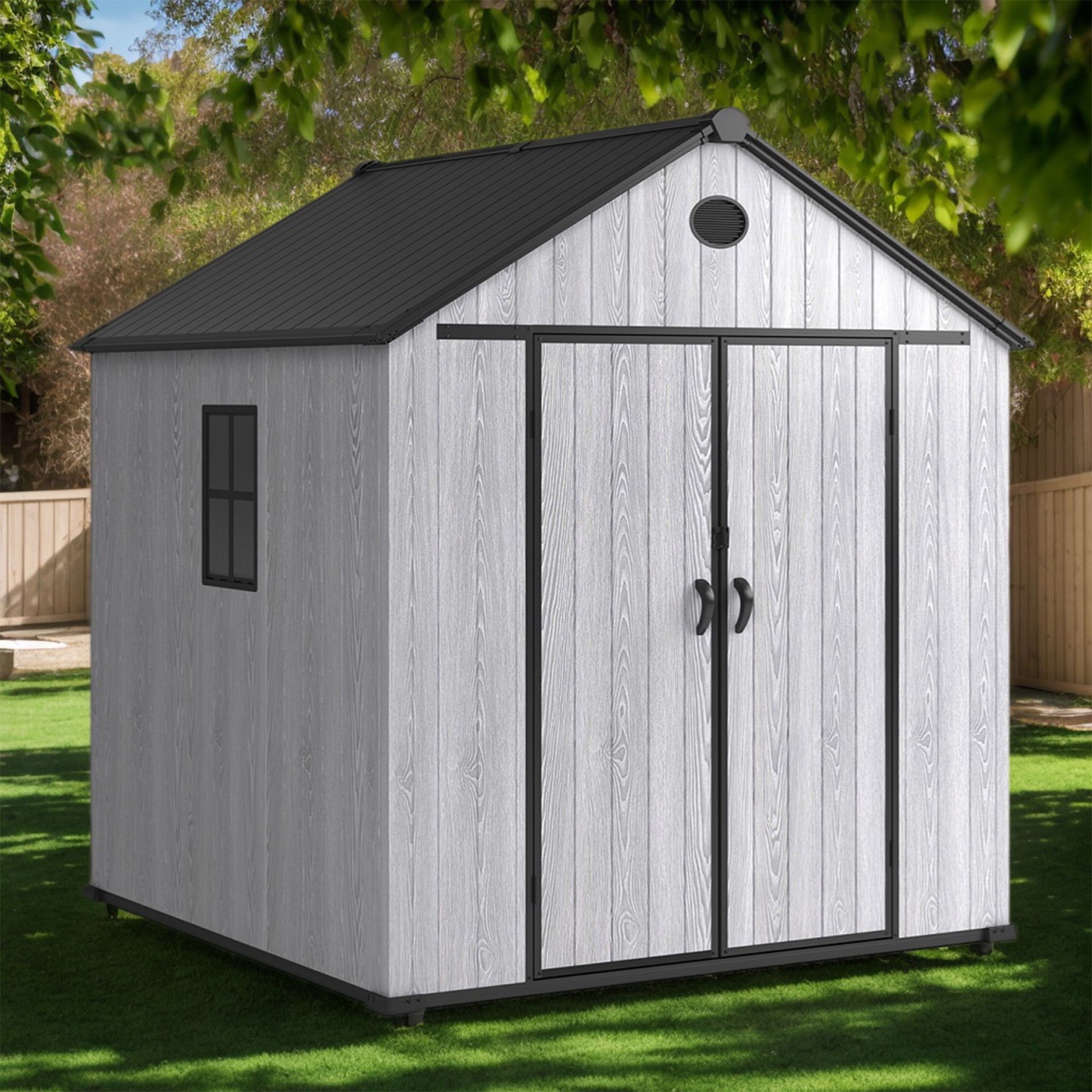 Syngar Plastic Resin Garden Storage Shed, Large Tools Shed, 8' x 8' Outdoor Storage Shed with Lockable Doors for Patio