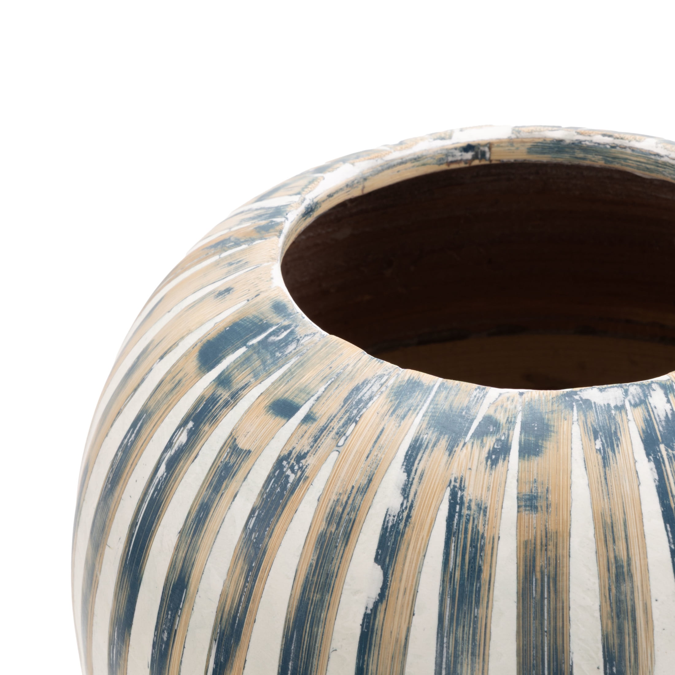 DecMode 14" Brushed Blue Bamboo Wood Vase with Cream Accents and White Stripes