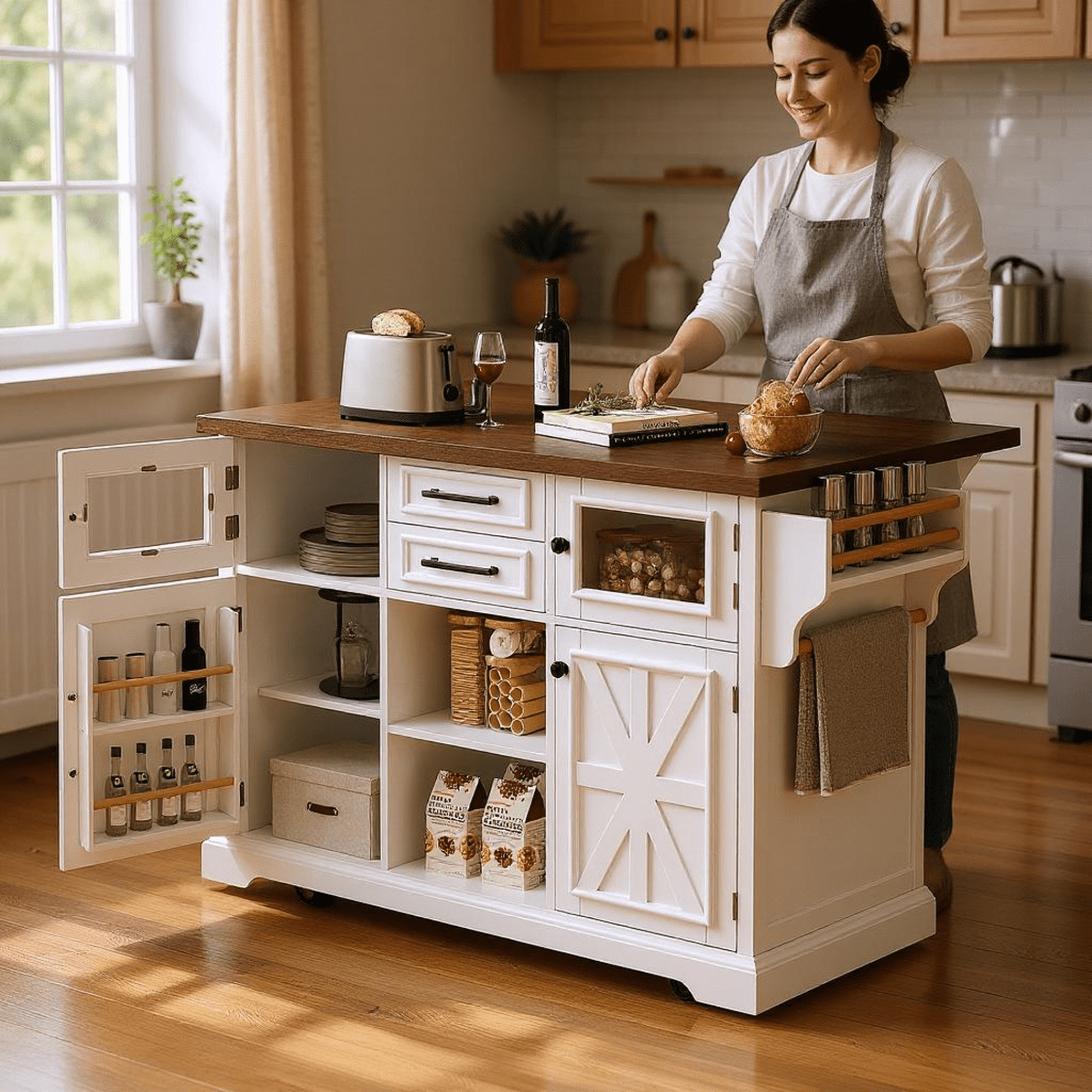 Homy Casa 54.9" Farmhouse Kitchen Island with Drop Leaf, Storage Cabinet, Drawers and Shelves, White