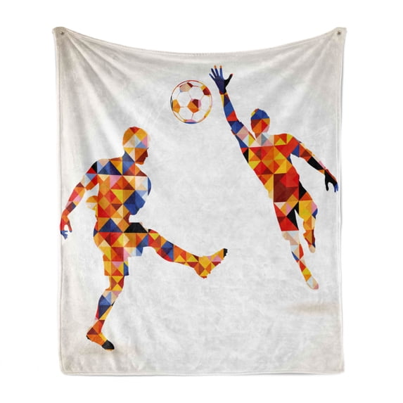 Sports Soft Flannel Fleece Throw Blanket, Abstract Design Football Soccer Players in Geometrical Colorful Shapes Print, Cozy Plush for Indoor and Outdoor Use, 70" x 90", Multicolor, by Ambesonne