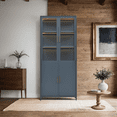 thumbnail image 4 of 76.75" Tall Display Cabinet with Double Glass Doors and LED Lights Steel Curio Cabinet for Collectibles Figures Trophies 3-Sided Glass Display Case for Home Office Study Stores Playroom - Dark Blue, 4 of 12