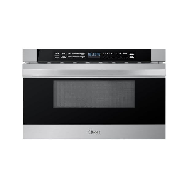 Midea MM12S2ASZ Horno microondas con parrilla de 1000 W, cajón de 1.2 pies cúbicos, acero inoxidable incorporado sobre la estufa de 24 pulgadas de ancho, bloqueo de seguridad para niños, menús automát