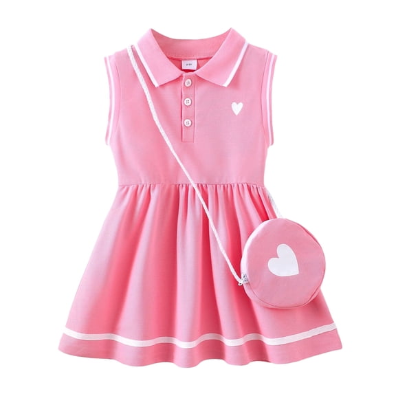 KIMI BEAR 2T Toddler Girls Dress 3T Toddler Girls Summer Clothes Sleeveless Polo Dress A-line Pleated One-piece Overalls with Bag 2pcs Pink