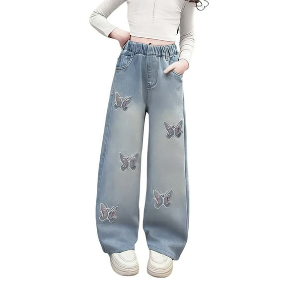 OGLCCG Girls Baggy Jeans Butterfly Embroidered Elastic Waist Wide Leg Denim Pants for Girls Kids Loose Fit Y2K Cute Jean Trousers 4-15 Years