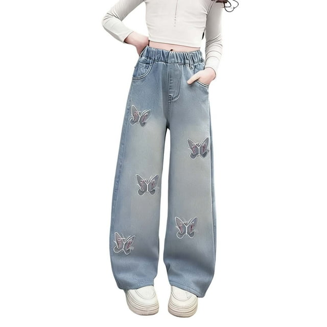 Straight Leg Jeans Girls' Print Long Pants, Loose Straight Leg Jeans for Children